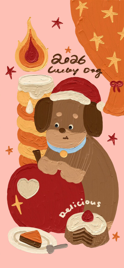 秋冬腊肠犬红苹果卡通油画壁纸