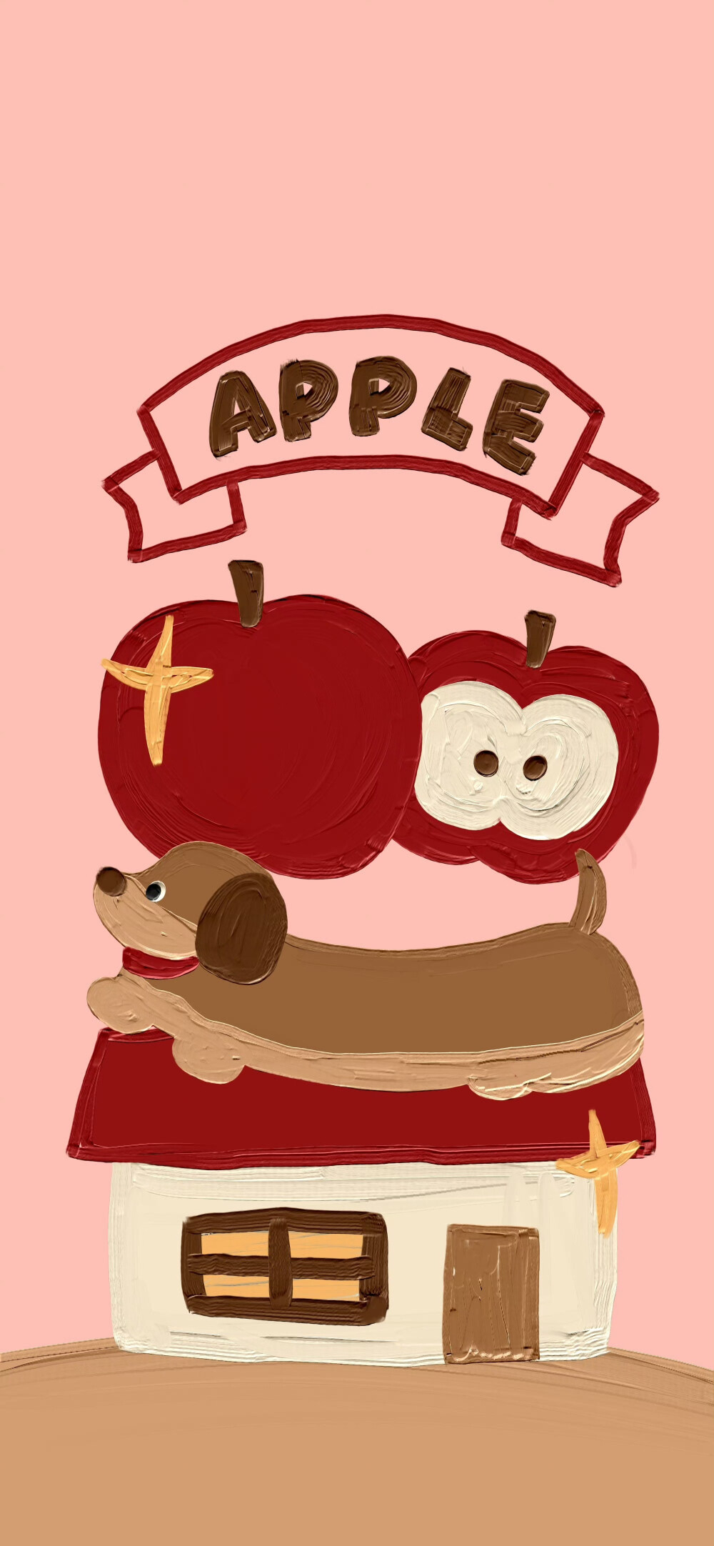 秋冬腊肠犬红苹果卡通油画壁纸