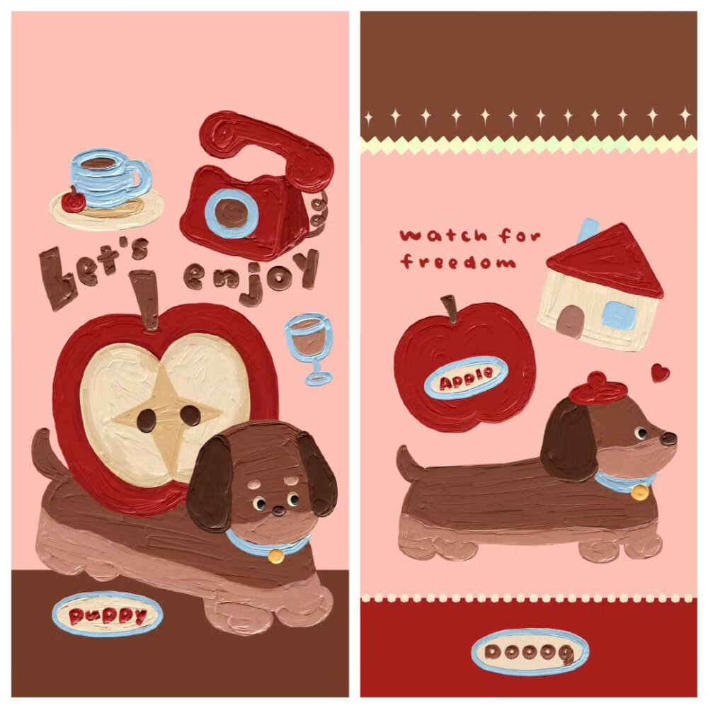 秋冬腊肠犬红苹果卡通油画壁纸