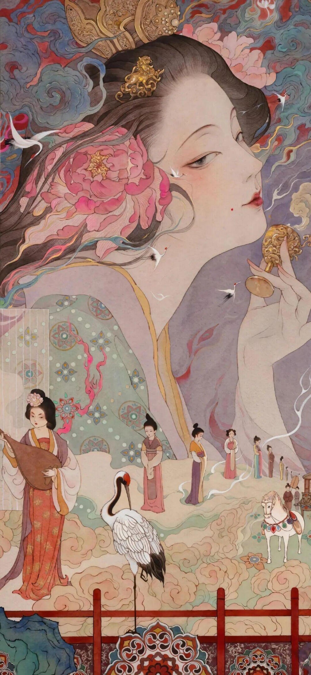 洛城春·牡丹鬓
鬓边牡丹沾云气，金盏沉香曳鹤衣。
瑶台宴罢，琵琶弦上淌着洛城春，云阶里的宫娥还候着那匹缀满璎珞的白马——
原来春深时，连风都裹着胭脂色的梦。