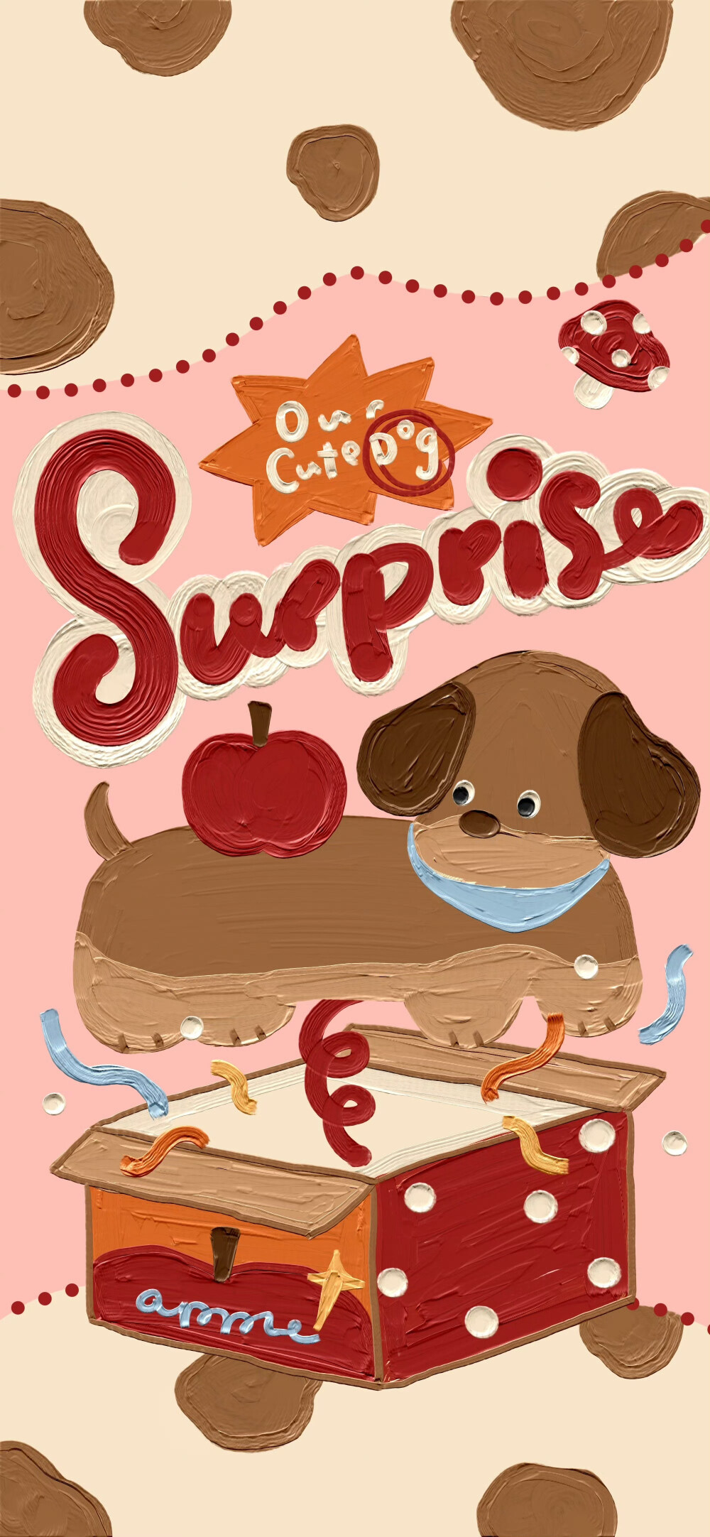 秋冬腊肠犬红苹果卡通油画壁纸