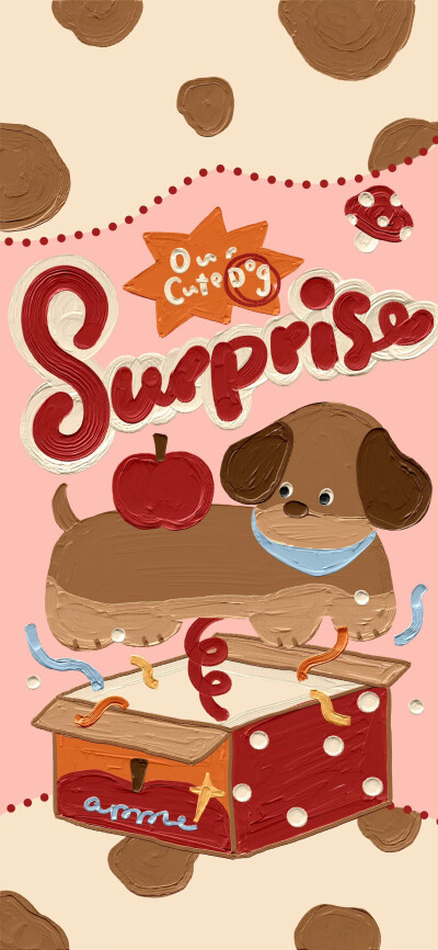 秋冬腊肠犬红苹果卡通油画壁纸