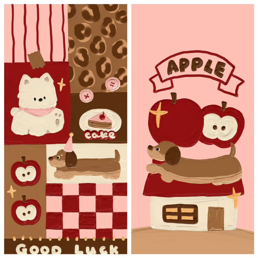 秋冬腊肠犬红苹果卡通油画壁纸