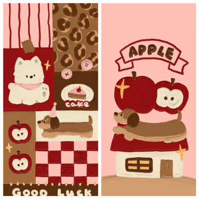 秋冬腊肠犬红苹果卡通油画壁纸