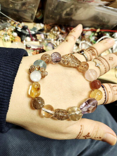 黑金超期黄水晶海蓝宝多宝手串