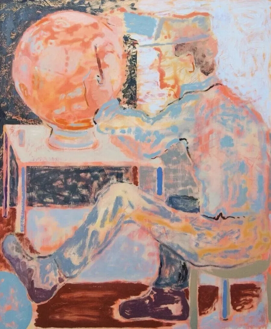 山姆·博恩斯坦（Sam Bornstein）的创作以“搜索与修订”为核心特质，如同即兴音乐般在画布上展开探索。他摒弃预设构图，常以油画、丙烯与丝网印刷等多媒介组合创作，让色彩与标记先在画布上流动、碰撞，再逐步凝结成具象场景。恰似即兴创作音乐的生成过程，将预设与偶然熔于一体。其创作理念关注于“虚实共生”的感知空间。他从纽约街景、民间传说与神话中萃取片段，让真实与虚构人物共处于模糊场景：或摸索地图的行者，或仰望天空的男孩，或修补时钟的匠人，这些含混的动作暗合绘画本身的精神博弈。明亮与柔和交织的光线中，窗口与天空成为精神漫游的入口，勾连起外在观察与内在想象，让观众以自身经验补全叙事。博恩斯坦以“一隅之见”构建艺术世界，在色彩秩序与封闭意象中，让当代生活与个人记忆在现实与梦境的边界处自然相遇。