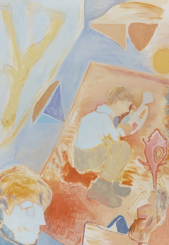 山姆·博恩斯坦（Sam Bornstein）的创作以“搜索与修订”为核心特质，如同即兴音乐般在画布上展开探索。他摒弃预设构图，常以油画、丙烯与丝网印刷等多媒介组合创作，让色彩与标记先在画布上流动、碰撞，再逐步凝结成具象场景。恰似即兴创作音乐的生成过程，将预设与偶然熔于一体。其创作理念关注于“虚实共生”的感知空间。他从纽约街景、民间传说与神话中萃取片段，让真实与虚构人物共处于模糊场景：或摸索地图的行者，或仰望天空的男孩，或修补时钟的匠人，这些含混的动作暗合绘画本身的精神博弈。明亮与柔和交织的光线中，窗口与天空成为精神漫游的入口，勾连起外在观察与内在想象，让观众以自身经验补全叙事。博恩斯坦以“一隅之见”构建艺术世界，在色彩秩序与封闭意象中，让当代生活与个人记忆在现实与梦境的边界处自然相遇。