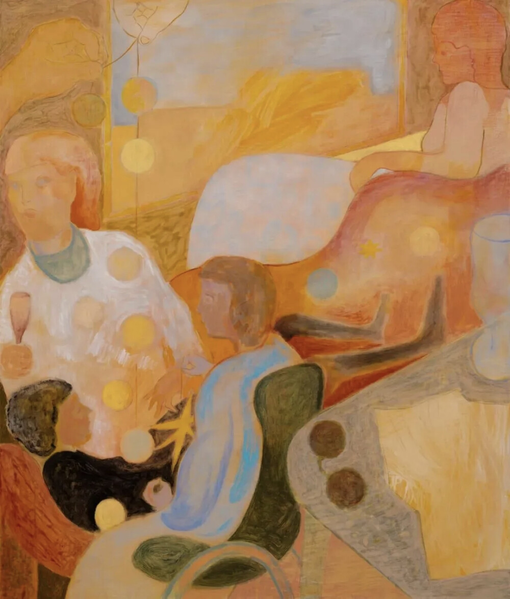 山姆·博恩斯坦（Sam Bornstein）的创作以“搜索与修订”为核心特质，如同即兴音乐般在画布上展开探索。他摒弃预设构图，常以油画、丙烯与丝网印刷等多媒介组合创作，让色彩与标记先在画布上流动、碰撞，再逐步凝结成具象场景。恰似即兴创作音乐的生成过程，将预设与偶然熔于一体。其创作理念关注于“虚实共生”的感知空间。他从纽约街景、民间传说与神话中萃取片段，让真实与虚构人物共处于模糊场景：或摸索地图的行者，或仰望天空的男孩，或修补时钟的匠人，这些含混的动作暗合绘画本身的精神博弈。明亮与柔和交织的光线中，窗口与天空成为精神漫游的入口，勾连起外在观察与内在想象，让观众以自身经验补全叙事。博恩斯坦以“一隅之见”构建艺术世界，在色彩秩序与封闭意象中，让当代生活与个人记忆在现实与梦境的边界处自然相遇。