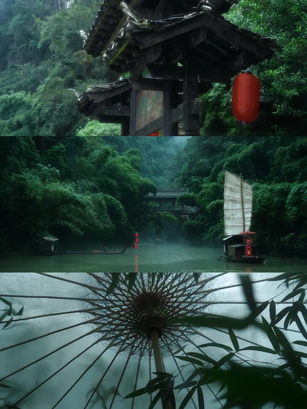 烟岚裹黛山，旧檐、帆影共栖一川雨