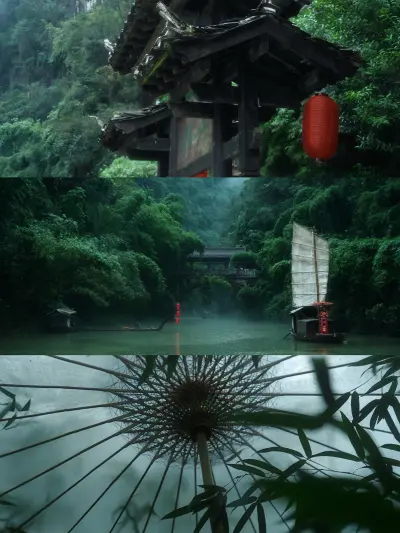 烟岚裹黛山，旧檐、帆影共栖一川雨