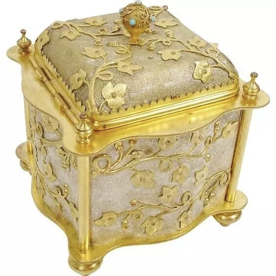 1696 Elegant Antique French Bronze Box Jeweled Turquoise Finial