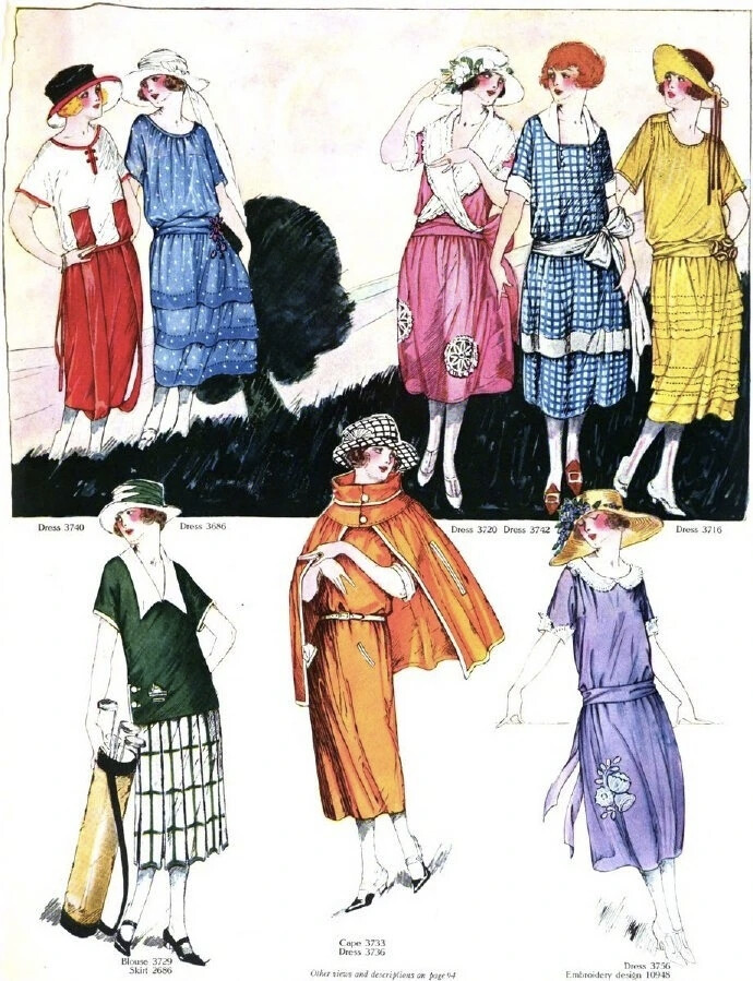 这些来自于1922年的《The Delineator》杂志女士夏装插图，不仅是时尚的记录，更是爵士时代初露的华章。这些插画生动捕捉了战后女性解放的脉搏：腰线慵懒下坠，裙摆大胆缩短至脚踝之上，流露出前所未有的轻松与自由。画面中的淑女们，身着飘逸的薄纱或柔软丝绸，常配以一顶俏丽的钟形帽与长串珍珠，在艺术家流畅的笔触下，定格了午后花园漫步或都市茶会的闲适瞬间。