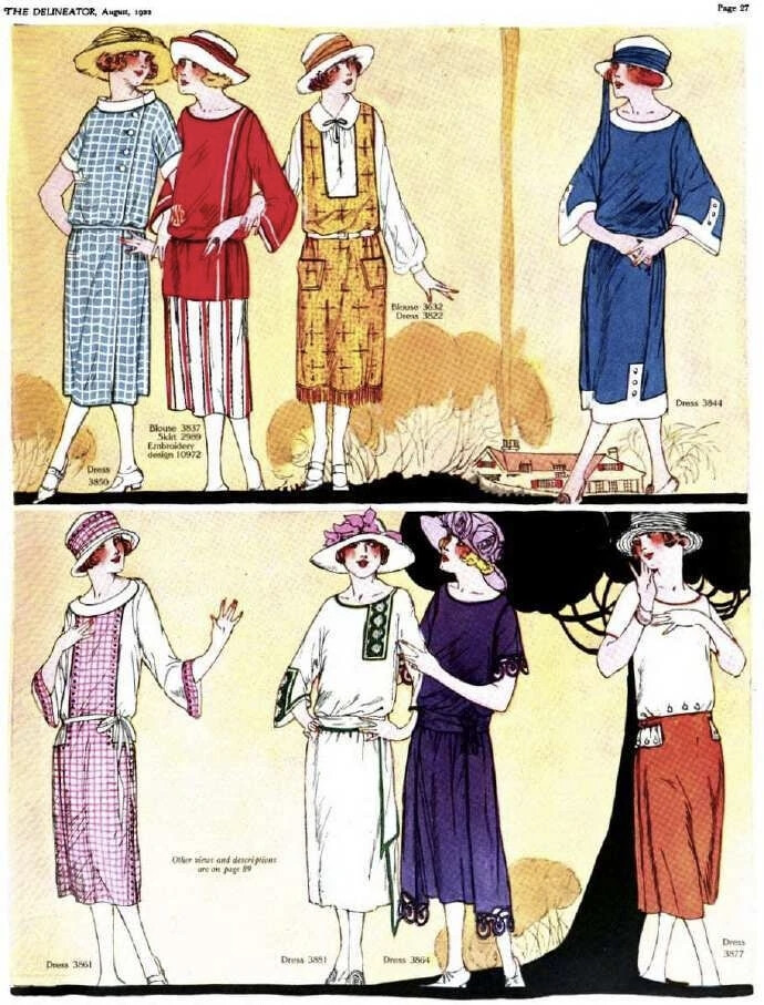 这些来自于1922年的《The Delineator》杂志女士夏装插图，不仅是时尚的记录，更是爵士时代初露的华章。这些插画生动捕捉了战后女性解放的脉搏：腰线慵懒下坠，裙摆大胆缩短至脚踝之上，流露出前所未有的轻松与自由。画面中的淑女们，身着飘逸的薄纱或柔软丝绸，常配以一顶俏丽的钟形帽与长串珍珠，在艺术家流畅的笔触下，定格了午后花园漫步或都市茶会的闲适瞬间。