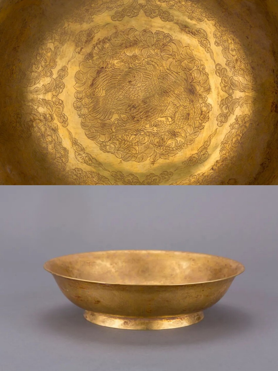 唐代 鸂鶒花卉纹金盘观复博物馆藏