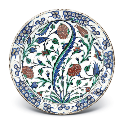 公元16~17世纪 奥斯曼伊兹尼克 白地多彩花纹盘平山郁夫丝绸之路美术馆藏