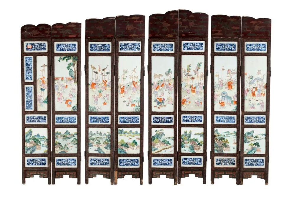 清代 朱漆嵌瓷板婴戏纹木屏风南京博物院藏
