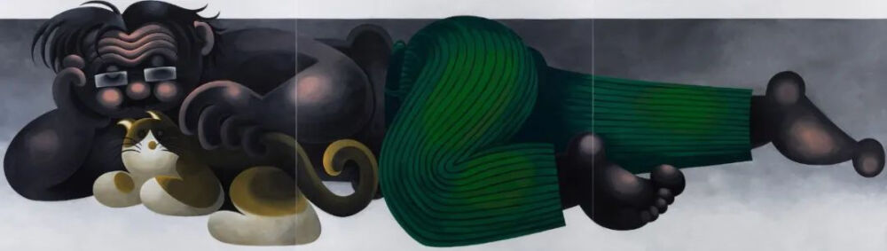 烟囱《猫咪需要人陪之二》2024年，布面丙烯，170 × 200 cm × 3，2024