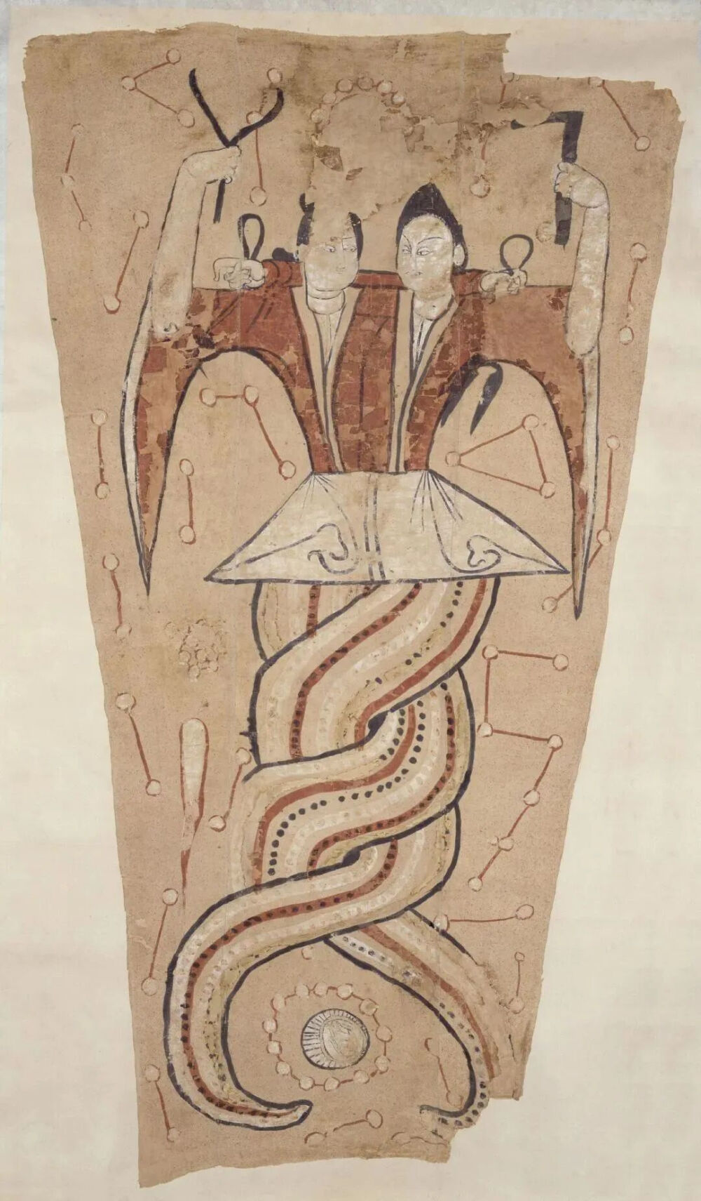 ▲唐 佚名《伏羲女娲像页》 故宫博物院藏  以龙为天子后，伏羲的虎图腾发生异变