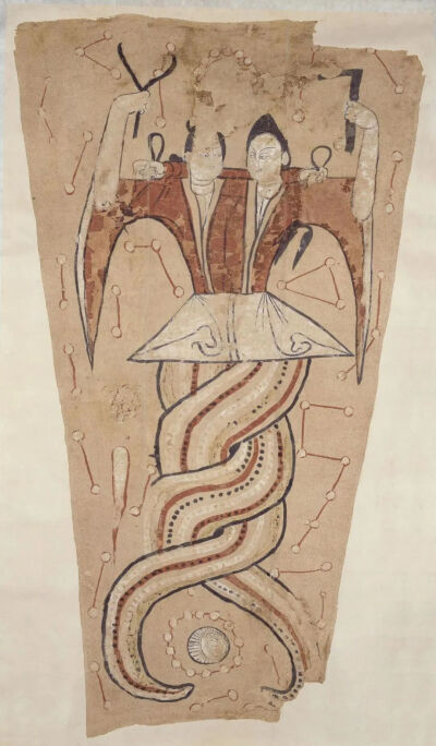 ▲唐 佚名《伏羲女娲像页》 故宫博物院藏  以龙为天子后，伏羲的虎图腾发生异变