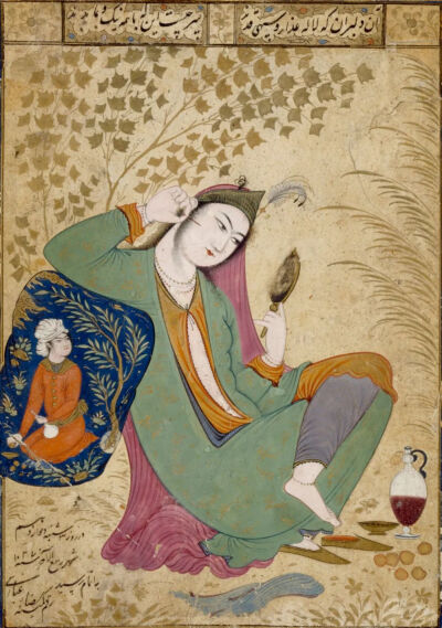 ▲ 雷扎·阿巴西《美女临镜图》，细密画册页