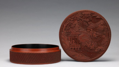 ▲ 清乾隆 剔红山水人物纹流觞图扁圆盒 故宫博物院藏
