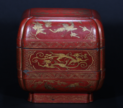 明晚期 红漆描金人物龙凤纹倭角节盒 观复博物馆藏