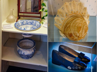 故居里的盥洗室（左）简·奥斯汀时代的鞋帽（右）