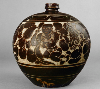 ▲ [元] 磁州窑剔刻执莲童子纹嘟噜瓶英国伦敦 大英博物馆藏