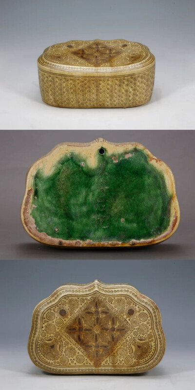 唐代 绞胎团花锦地四叶花卉纹如意形枕观复博物馆藏