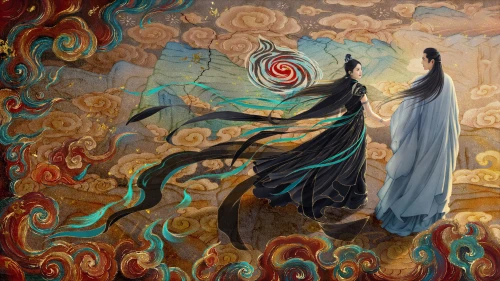 仙风古韵双人行 奇幻风格 古风人物 云海背景 4K