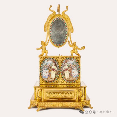 乔治三世时期镀金珐琅镶嵌珠宝柜，内含音乐和天文镶嵌双壳怀表，摆轮清晰可见，并饰有珍珠和陶瓷珠的珐琅风车场景，署名威廉·卡彭特，专为中国市场制造，约 1790 年及以后。