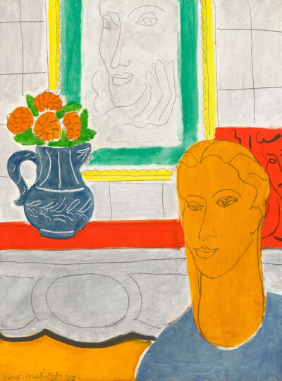 一幅亨利·马蒂斯1937年力作《人物与花束（赭色头像）》