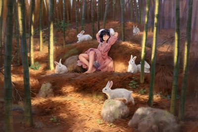竹林中的少女与白兔 竹林 少女 白兔 2K