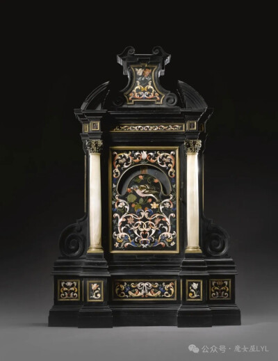 意大利镀金青铜镶嵌的 pietre dure 和乌木钟，佛罗伦萨劳工画廊，十八世纪初