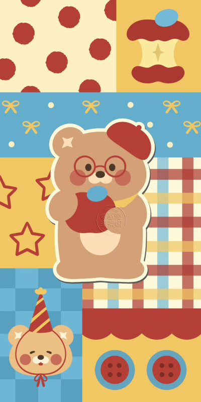 红黄蓝撞色款苹果小熊可爱壁纸