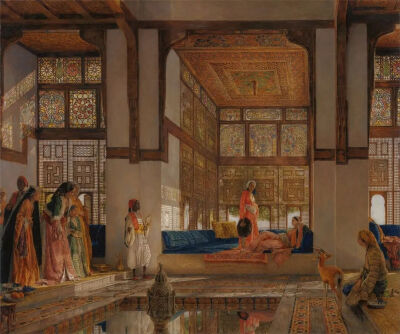 ▲ [英]约翰·弗里德里克·刘易斯《待客的女士》，1873年，木板油画 