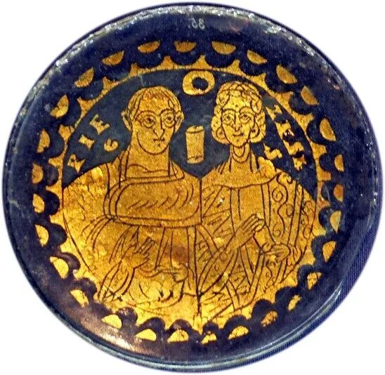▲ 古罗马夹金玻璃夫妇像杯底徽章（约公元四世纪）现藏于维也纳艺术史博物馆