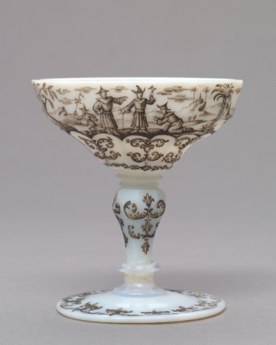 ▲ 波西米亚乳玻璃酒杯（1735）普莱斯勒 绘现藏于克利夫兰艺术博物馆