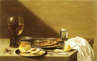 ▲ 静物油画《核桃、面包、鲱鱼与一杯酒》（1628）彼得·克莱士 作私人收藏