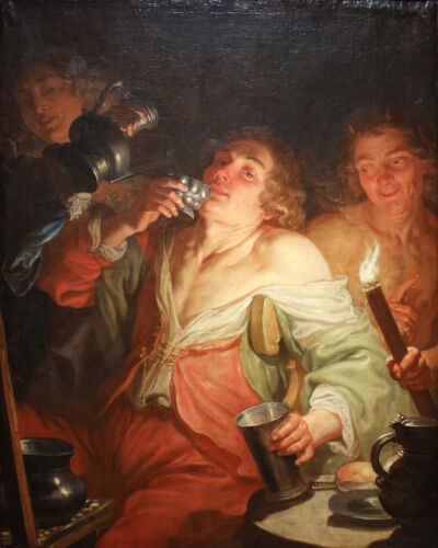 ▲ 油画《七宗罪之“暴饮暴食”》（1642）佛拉芒卡拉瓦乔主义画家德朗杰 作现藏于密尔沃基美术博物馆