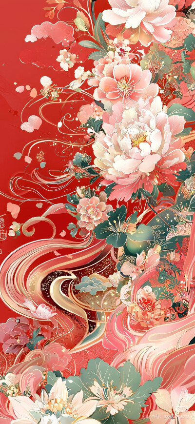 喜庆 中国红底 手绘国风牡丹 一颗酸苹果的壁纸库