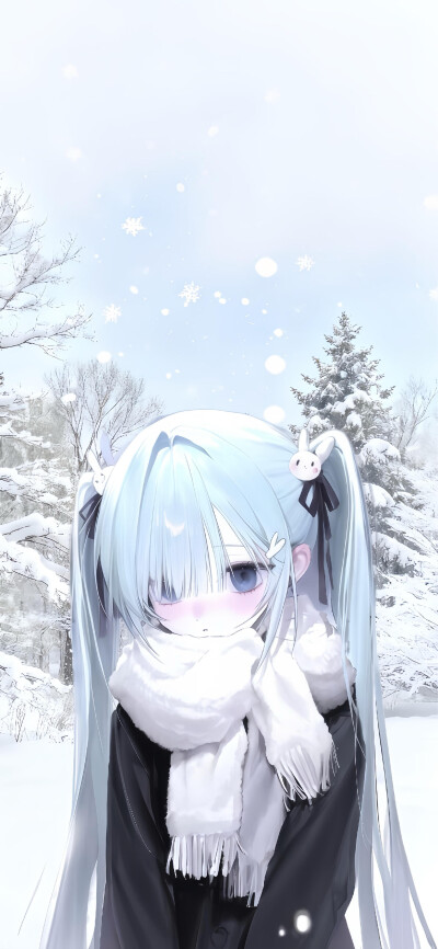 手机壁纸蓝色女生动漫抱抱冬季围巾冬天