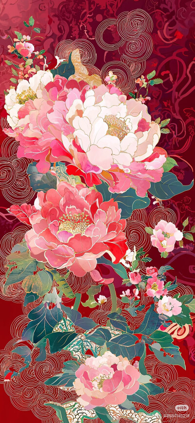 喜庆 中国红底 手绘国风牡丹 一颗酸苹果的壁纸库