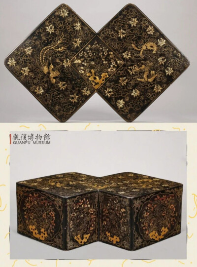 清代 黑漆描金龙凤福禄寿纹方胜盒观复博物馆藏
