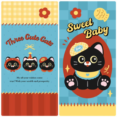 红黄蓝撞色款可爱小黑猫