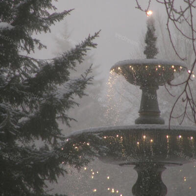 松枝凝雪，泉流载着暖光，在冬日里酿出温柔的梦