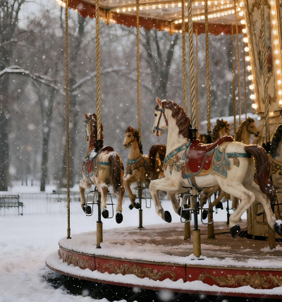 冬日的旋转木马，在落雪里转成了发光的童话
