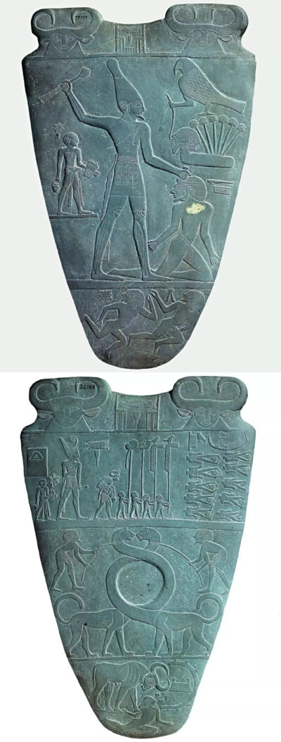 ▲   纳尔迈调色板（正面），前王朝时期（约公元前3000年），上埃及希拉孔波利斯出土，板岩，通高64 cm埃及开罗埃及博物馆藏