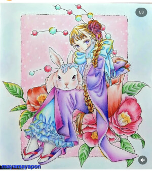 微笑可爱的少女和美丽的花涂色画友风子1、2