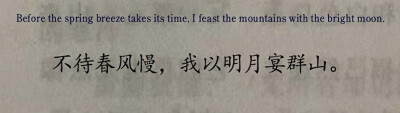 不刻意等待春风缓缓而至，我自有明月相伴，设宴款待群山。蕴含着跟随自己的内心自由成长，去探索自己的道路，不必等待生活中的春天，不必借助轻舟的力量，去成为自己想成为的样子，跨越重重万山，感受生活的本真!